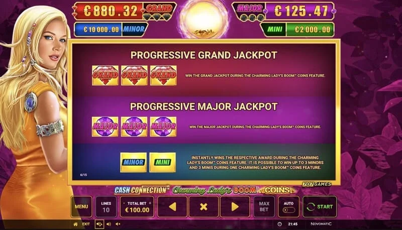 Cash Connection - Charming Lady's Boom Coins - Mini、Minor、Major、Grandジャックポットの表